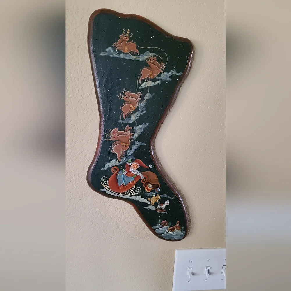 Christmas wood handpainted stocking wall hanging 17.25